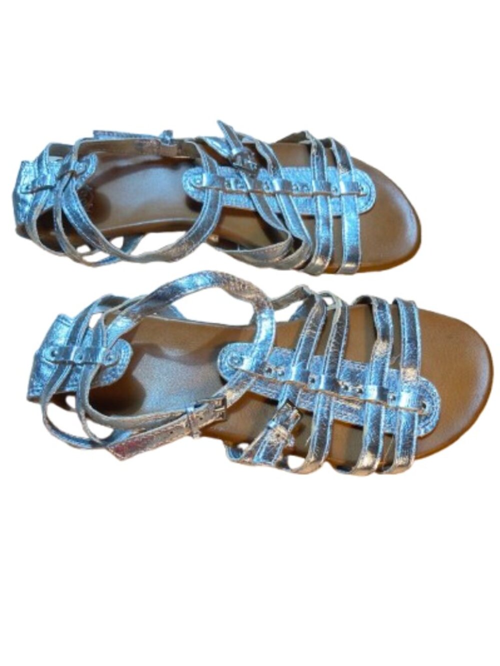 Route 66 Silver Metallic Gladiator Sandals Flat Strappy Chic Boho Fun size 7